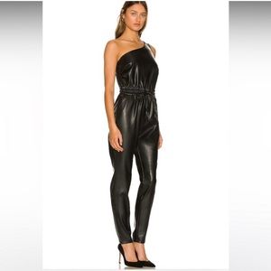 MOTHER The Landslide One Shoulder Jumpsuit Faux Leather Hover